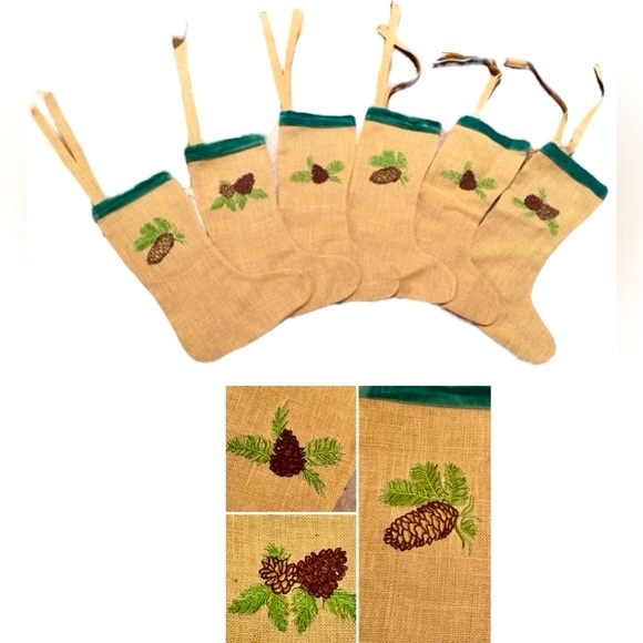 WISTERIA Jute & Green Velvet Embroidered Pinecone Christmas Stockings Set of 6 - Picture 4 of 17